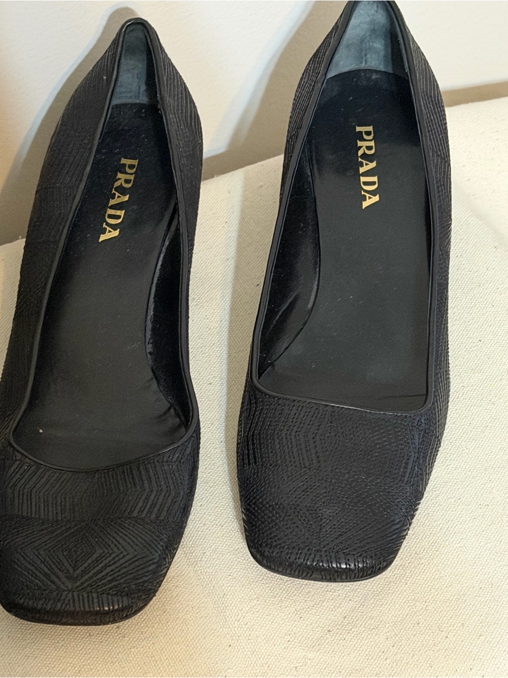 Prada Black Textured Square-Toe Ballet Flats